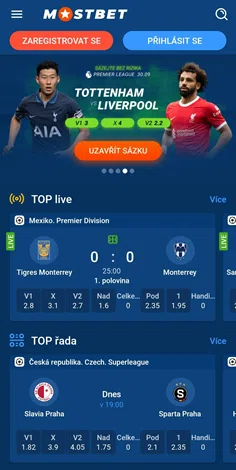 Domovská obrazovka aplikace MostBet